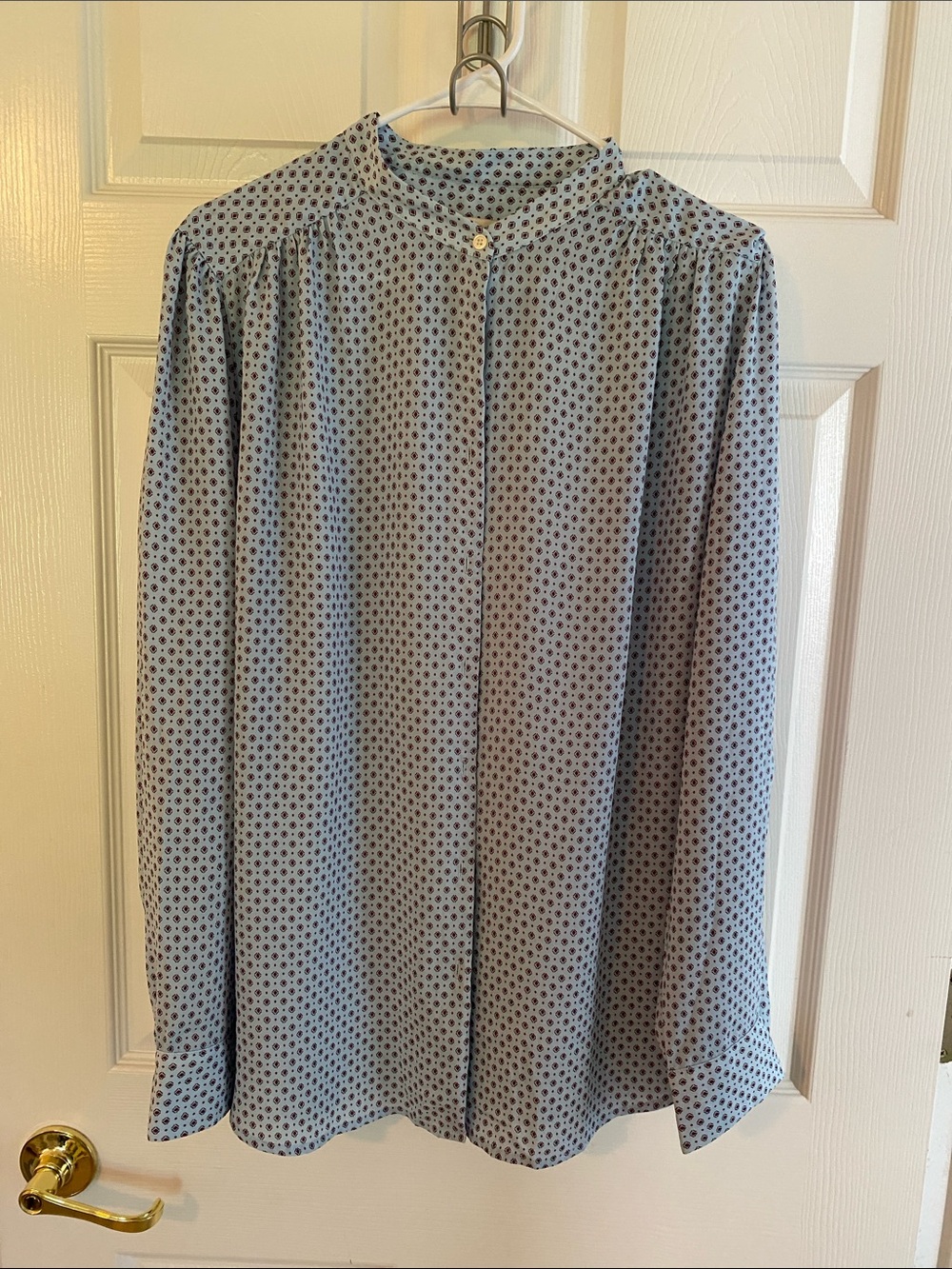 LOFT Light Blue Long-Sleeve Button-Up with burgundy dot Print